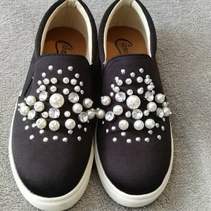 CANDIES PEARL AND BLING STUDDED SLIP ONS